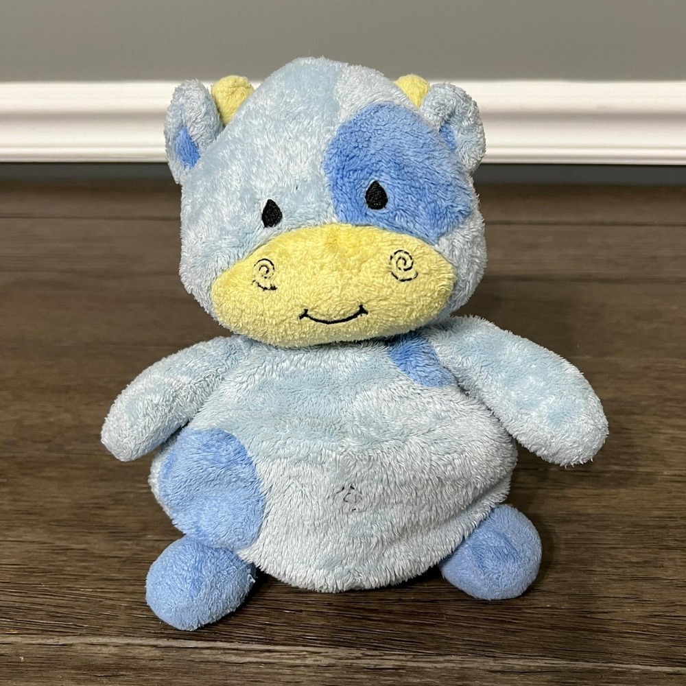 Babies R Us Blue Yellow Cow Baby Plush Swirl Design Stuffed Animal Toy 9"